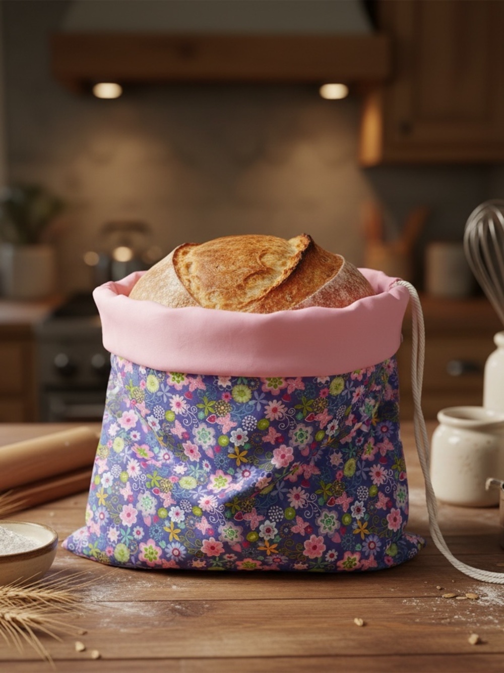 Purple Butterfly Floral Cotton Bread Bag, Reusable Sourdough Bread Storage Bag